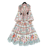 Vintage Printed Dresses Women's New Spring 2025 New Waist Temperament V-Neck Single-Rece Buckle Long
