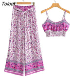 Boho Vintage Pattern Print Women 2 Piece Set Spring 2023 Midriff Baring Wide Leg Pant Retro Chic Beach Vacation Women