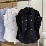 High-Stock Design Feeling Heavy Industry Nail Embroidery Shirt Loose Apparent Thin Age Shirt Shirt Women Short