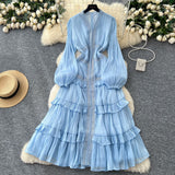 Elegant Temperament Dress Female Heavy Industry Hot Diamond Lace To Receive Waist Thin Lantern Sleeves Side
