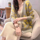 Autumn Winter Knitted Leopard Sweaters Women Korean V Neck Thick Print Cardigan Coat Loose Button Outwear