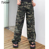 Streetwear Camouflage Cargo Women Jeans Vintage Goth Pocket Up Denim Trousers Harajuku Bandage Baggy 90s Straight