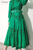 Fashion Women's Dress New Round Neck Lace Loose Single Breatsed Long Sleeve Belt Waist Mid-calf Dresses Summer2023