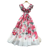 Elegant Dress Women's Summer Famous High-End Feel Lotle Side V-Neck Waist Thin Print Large Swing