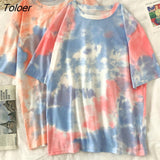 Sleeve T-shirts Women Tie-dye O-neck Chic Hot Sale Unisex Tees Teens Schoolgirls Harajuku High Street Ulzzang Tops