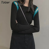 2023 Off Shoulder Knitted Sweater Women Autumn Round Neck Hollow Out Pullovers Woman Korean Long Sleeve Jumper