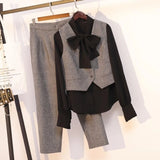 3 Pieces Set Women Pullover Long Sleeve Blouses Shirts Sleeveless vest Tops and Wide Leg Pants Suit Women's Sets