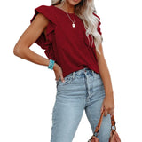2025 Women's Hot-Selling Round-Neck Double-Layered Lotus Leaf Tops Short-Sleeved Women's