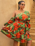 Size Botanical Print One-Shoulder Layered Dress with