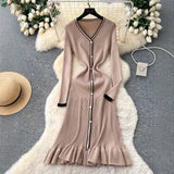 Small-Sized Famous Woman Hit The Color V-Neck Long Sleeve Single Buckle Waist Knitted Dress Women With Fish