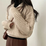 Dark Academia Half Zip Up Cable Knit Sweater-Outfit