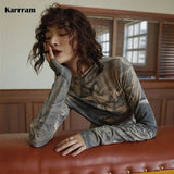 Renaissance Print Vintage Top Turtleneck Long Sleeve Blouse Women Spandex Bodycon Blouse Ladies Tops