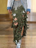 Toloer New Personality Trend Army Green Irregular Hollow Out Splicing Camouflage Design Sense Women's Long Skirt-Outfit