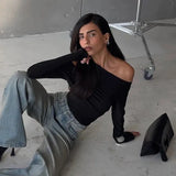 Black Asymmetrical Cut Out Off Shoulder Long Sleeve Top-Outfit