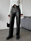 Toloer Women's Fall / Winter 2024 High-Waisted Leather Patchwork Trousers For Women's Casual Pants Leather Pants-Outfit