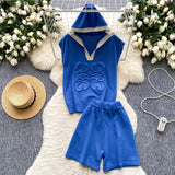 Fashion Set Women's Summer Design Three-Dimensional Relief Hooded Sleeveless Knitted Tops High Waist Broad Leg