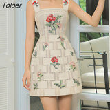 Embroidery Flower Mini Dress Women 2023 Slash Collar Strapped Bodycon Dress Vacation A-line Vintage Party Vestido