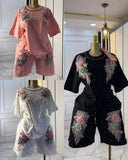 Set European Dress Design Butterfly Set Drill Short Sleeve T-Shirt Blouse Woman + Tight Waist Broad Leg Shorts Two