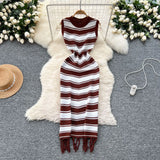 Fan Temperament Body-In-County-Necked Sleeveless Striped Knitted Dress Women's Summer Tight-Dled Ass Tuxedo
