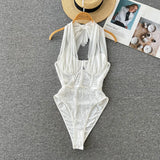 Mesh Sexy Halter Playsuits Women Backless Lace Up Inside Wear Thin Slim 2022 Fashion Solid Strapless Summer