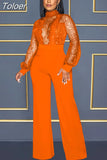 Fashion Mesh Sequin One Piece Jumpsuit Women Turtleneck Lantern Long Sleeve Romper Luxury High Waist Wide Leg Body