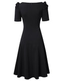 Vintage Square Collar Short Sleeves Solid A-line Midi