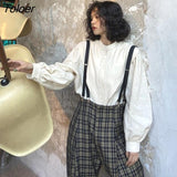 Women Sets Plaid Mopping Jumpsuits Long Sleeve Stand Collar White Shirts Retro Females 2 Pecs Vintage Streetwear Spring
