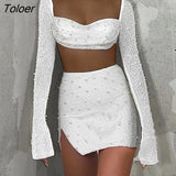 Sexy Pearl Skirt Sets Women 2023 Flare Sleeve Crop Tops and Long Split Skirts Lady Suits Party Clubwear 2 Piece Set