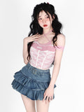 Belts Y2k Pleated Denim Skirt Women Sexy Egirl Double Layer Ruffle Patchwork High Waist Jean Skirt Shorts Punk