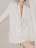 Fashion Women's Blazer Notched Collar Loose Diamonds Buttons Spliced Flower White Suit Jackets summer 2023 New