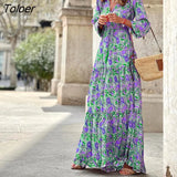Retro Ethnic Print Dress New Spring Summer Half-sleeve Casual Dress Ladies Sexy V-neck Stitching Pleated Drape Maxi