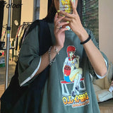 Sleeve T-shirts Printed Loose BF Women Summer Korean Style Street Wear All-match Tees Womens Tops Drop-shoulder Chic