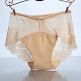 Sexy Lace Panties Mid Waist Women Transparent Silk Underwear Seamless Plus Size Briefs Abdomen Health Knickers