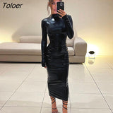 Black Midi Bodycon Dress Sexy Women Turtleneck Long Sleeve Pu Leather Party Dresses Club Elegant 2023 Autumn