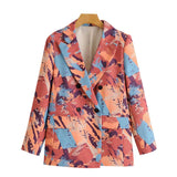 Women Fashion Double Breasted Print Blazer Coat Vintage Long Sleeve Pockets Female Outerwear Chic