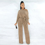 Women 2023 Spring Long Sleeve High Waist Loose Belt Wide Leg Jumpsuit Elegant Office Ne Piece Outfit Party