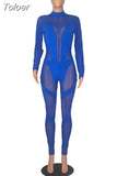Mesh Patchwork Women's Long Jumpsuit Full Sleeve Turtleneck See Through One Piece Clothing Hipster Attirewear