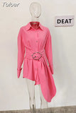 Fashion Women's Shirt Dress Lapel Single Breasted Long Sleeve Metal Buckle Belt Pink Mini Dresses Summer 2023 New