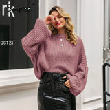 Winter lantern sleeve knitted sweater pullover Women loose round neck red sweater Female autumn casual sweater
