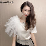 Shirts for Women Summer T Shirts O-neck Short Sleeve Tees Patchwork Gauze Fashion T-shirt Casual Korean Temperament