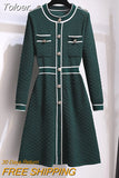 Women A-Line Sweater Dress French Knit Vintage Patchwork Dress Winter Luxury Designer Buttons Knitted