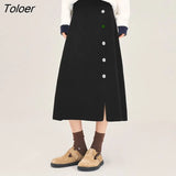 Women Plush Skirt 2022 Winter A Line Elastic Waist Loose Vented Hem Button Design Chic Casual Streetwear Midi
