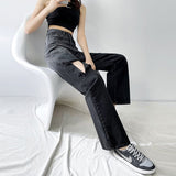 Ripped Jeans Women Classic Gradient Blue Baggy Washed Retro High Waist Straight Loose Wide Leg Woman Large Size Denim