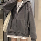 Hat Hoodies Women Zip-up Spring Autumn Front Pocket Loose Korean Style Trendy Casual Students Elegant Chic All-match