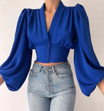 Explosion Spring New Temperament Button V-Neck Lantern Sleeve
