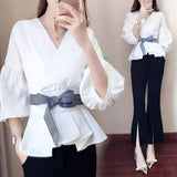 Sleeve Waistband Decorative Chiffon Shirt Casual Wide Leg Pants Two Piece Elegant Women's Pants Set Summer