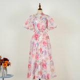 Court Style High Design Feeling Heavy Industry Nail Drill Short Sleeve Single Buckle Dress +