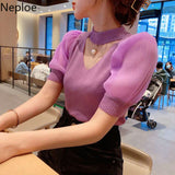 Sweater Women Clothes Puff Sleeve Elegant Ladies Knit Tops Fashion Y2K Halter Sweaters 2023 Fall V Neck Woman