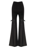 Fashion Women Pant High Waist Knee Strap Splited Medium Strecth Black Knit Floor-length Flare Pants Summer 2023 New