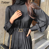 Turtleneck Elegant Dresses Woman Long Sleeve High Waist Bodycon Dress Female Green Black Chic Korean Dress Woman